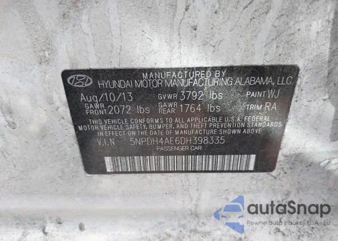 2013 Hyundai Elantra Gls z USA, uszkodzony, nr VIN 5NPDH4AE6DH398335